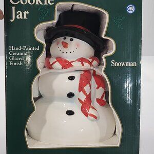 NIB  CIB Christmas Winter Cookie Jar Snowman Hand Painted Red Scarf